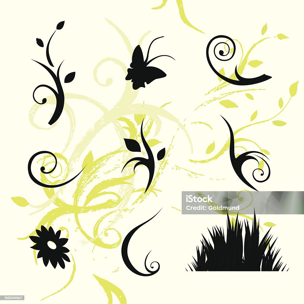 Floral Icons Simple vector floral elements or icons with a low contrast grunge floral pattern in the background Abstract stock vector