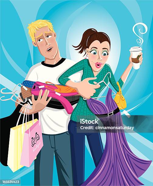 젊은 여자 쇼핑 보이프렌드 드레스에 대한 스톡 벡터 아트 및 기타 이미지 - 드레스, 소매-소비자주의, 쇼핑