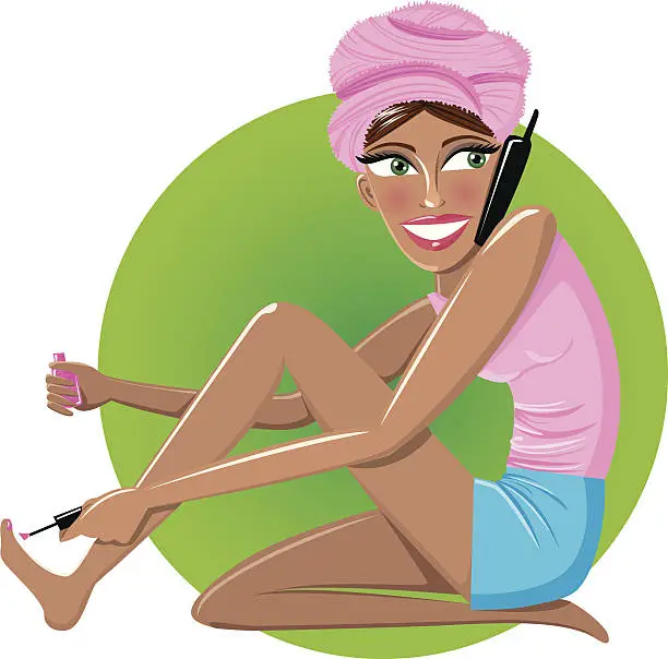 Vector illustration of Young woman painting toenails and talking on the phone