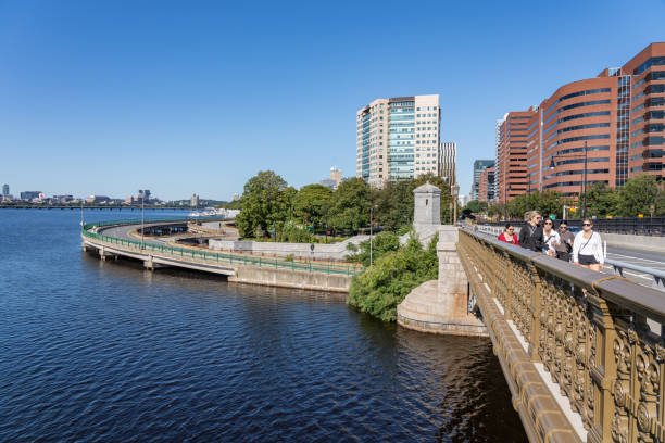 view of boston downtown skyline in the morning seen from the longfellow bridge - boston charles river cambridge skyline imagens e fotografias de stock