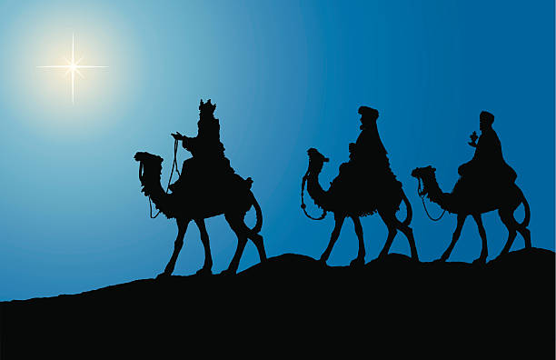 Kings on Camels (Vector) The Three Wise Men on Camels Vector.  *****PLEASE NOTE THIS DRAWING WAS ORIGINALLY A PHOTOGRAPHED SILHOUETTE CREATED FROM 3 RESIN FIGURINES WITH ORNATE CLOTHING, JEWELS AND BEADS.  THE LINES DRAWN IN THIS VECTOR RETAIN THE LOOK FROM THE ORIGINAL PHOTOGRAPH.  IT IS INTENTIONAL TO MAINTAIN THE REALISTIC LOOK OF THE ORNATE CLOTHING AND JEWELS OF THESE FIGURINES. christmas three wise men camel christianity stock illustrations