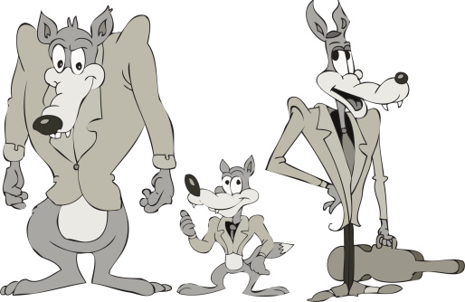 Cartoon drawing of gang of three Wolves. Mobsters or band?  You decide!  EPS format vector on transparent background, includes high resolution jpeg.