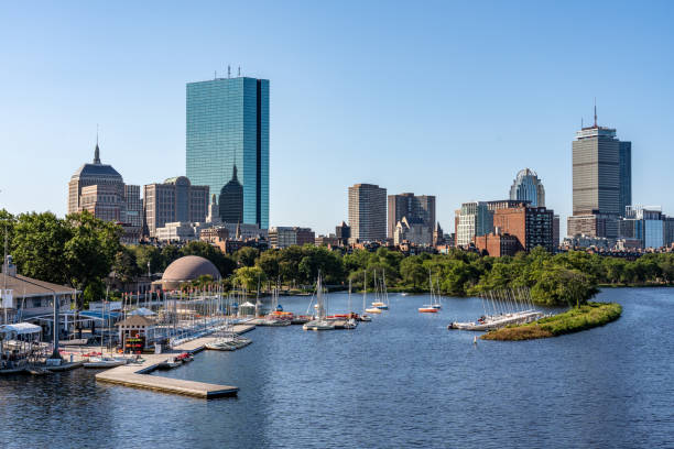 view of boston downtown skyline in the morning seen from the longfellow bridge - boston charles river cambridge skyline imagens e fotografias de stock