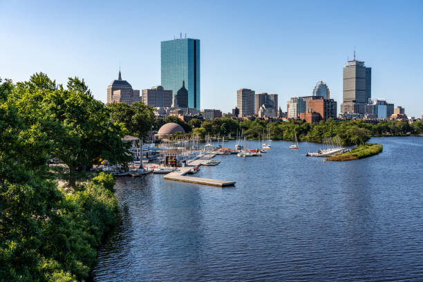 view of boston downtown skyline in the morning seen from the longfellow bridge - boston charles river cambridge skyline imagens e fotografias de stock