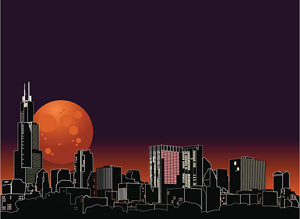 Chicago Night Skyline with Harvest Moon vector art illustration
