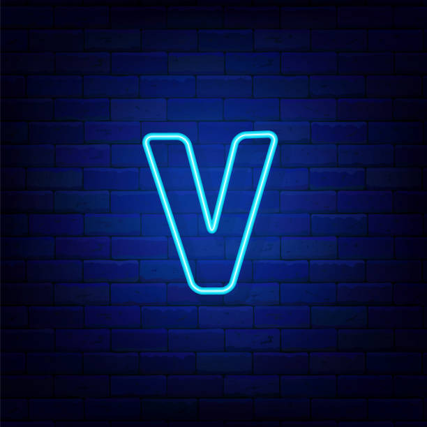 istock Neon letter V on brick wall. Versus and victory sign. Bright blue logotype. Simple shape. Vector stock illustration 1655425173