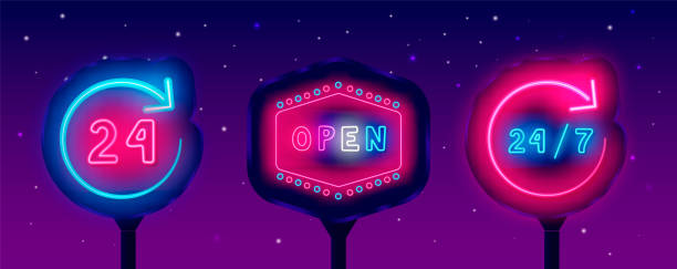 Around the clock neon street billboard set. Glowing outdoor advertisings collection. Open emblem. Night club, bar and market sign. Glowing invitation. Editing text. Vector stock illustration