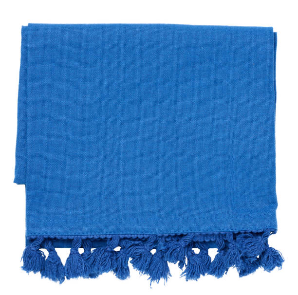 istock Folded blue linen napkin with pom pom on a white isolated background, top view 1655441277