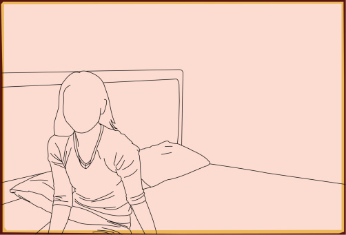A line drawing of a woman sitting in bed alone.