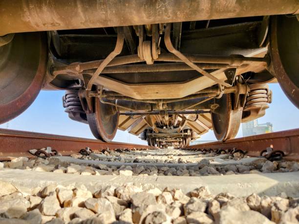 istock Railway tracks and wheels of a freight train, close-up 1655466827