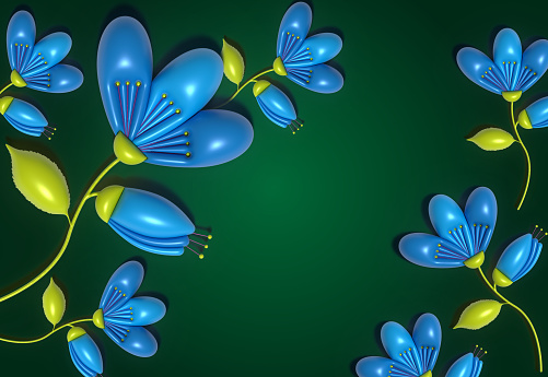 Blue flowers with green stems and leaves on a green background, 3D rendering illustration