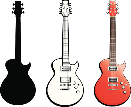 A detailed red electric guitar, a simplified black and white version, and a silhouette version.