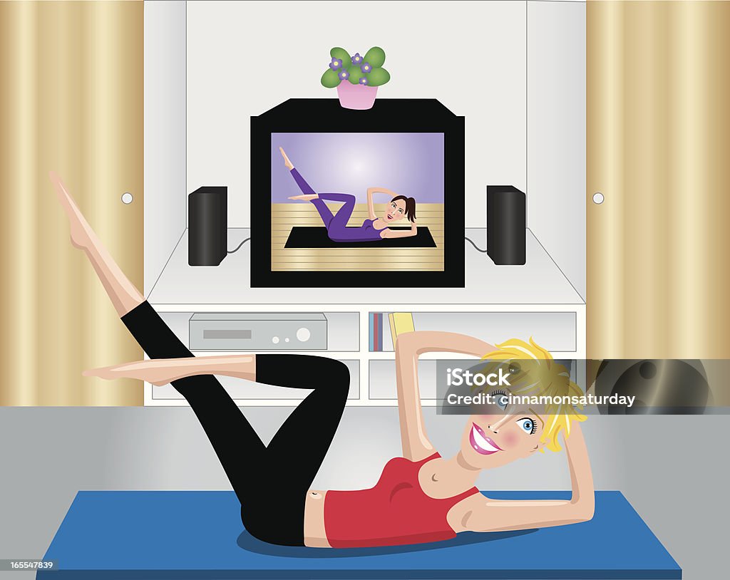 Mulher praticar pilates em casa na frente da televisão - Royalty-free Atividade Recreativa arte vetorial
