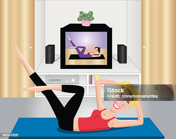 Mulher Praticar Pilates Em Casa Na Frente Da Televisão - Arte vetorial de stock e mais imagens de Atividade Recreativa