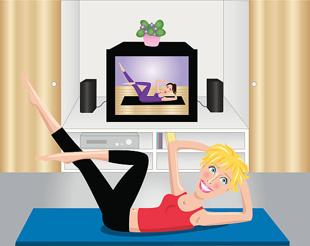 Woman practicing pilates at home in front of television vector art illustration