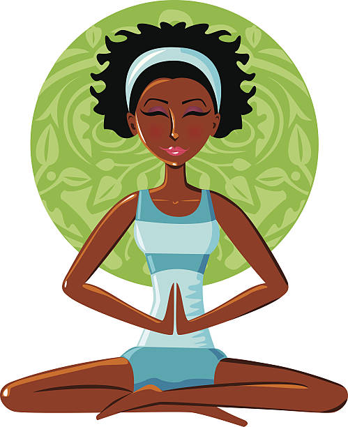 Color cartoon of black woman meditating over green circle vector art illustration