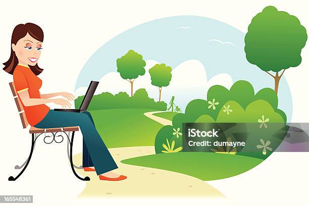 Woman Using Her Laptop In The Park Stock Illustration - Download Image Now - Adult, Bench, Chair