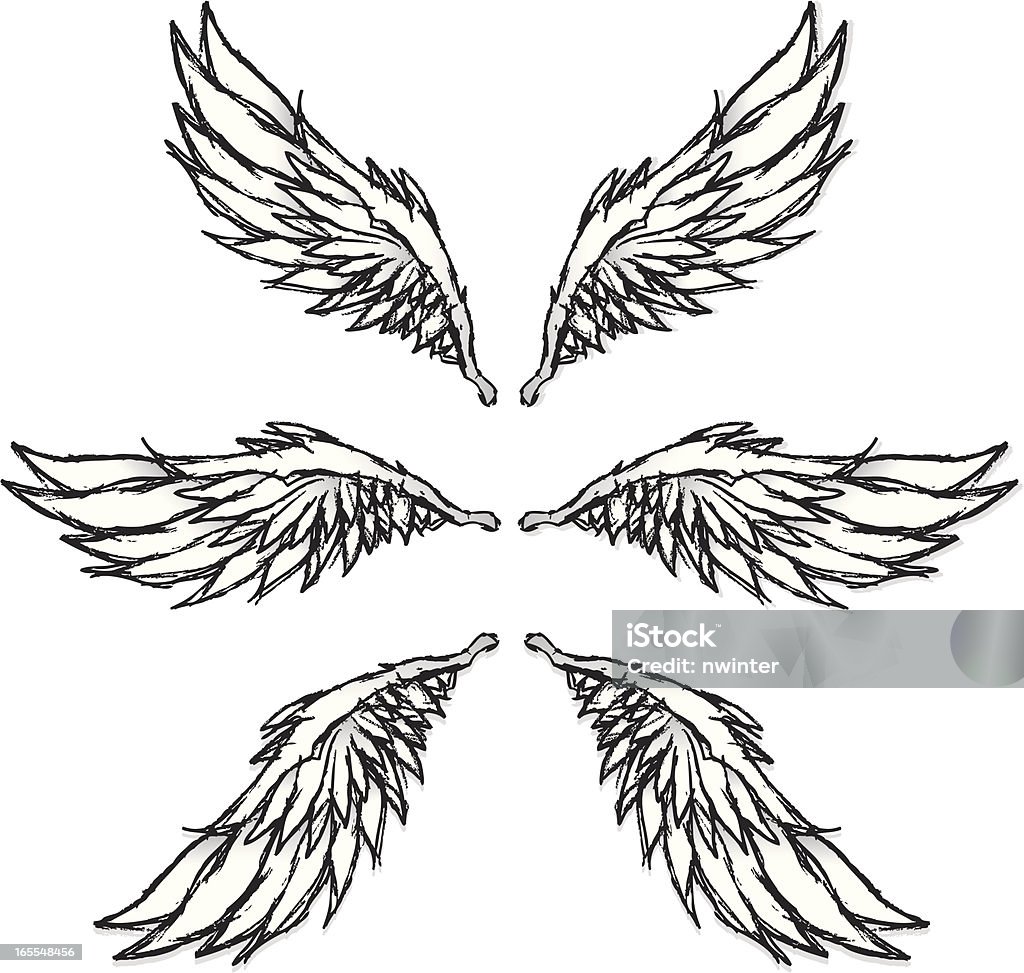 Grungy sketched wings A pair of wicked grungy wings. Same set of wings, just in three different arrangements. These have a dirty sketched quality. Add a hand-drawn element to your designs! Animal Wing stock vector