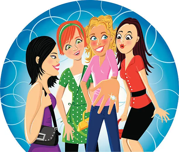 Vector illustration of Blonde woman showing off her engagement ring to friends