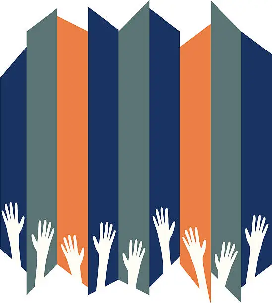 Vector illustration of Raised hands forming a bottom border on a striped background