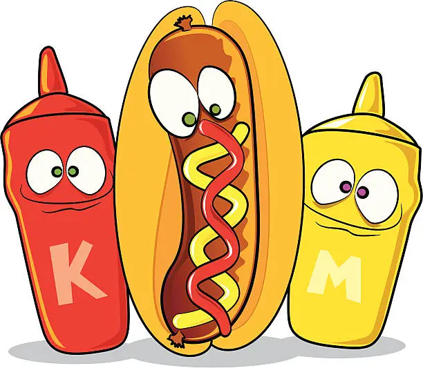 Vector illustration of Hotdog and Ketchup Cartoon