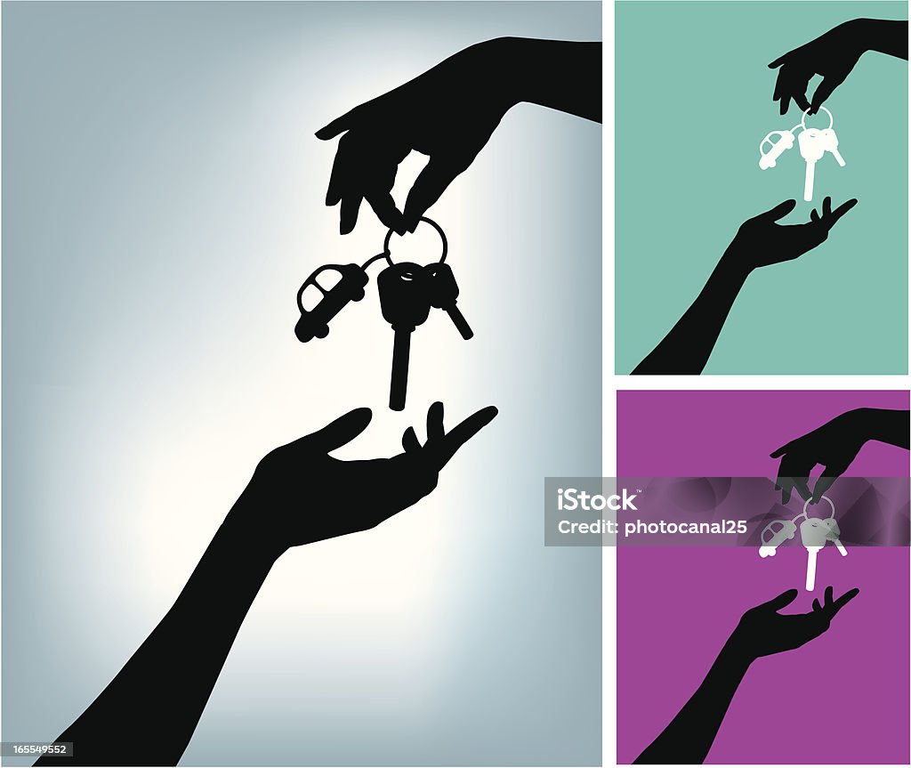 Two hands and a Car Key Illustration of one hand giving a car keys to another one. In Silhouette stock vector