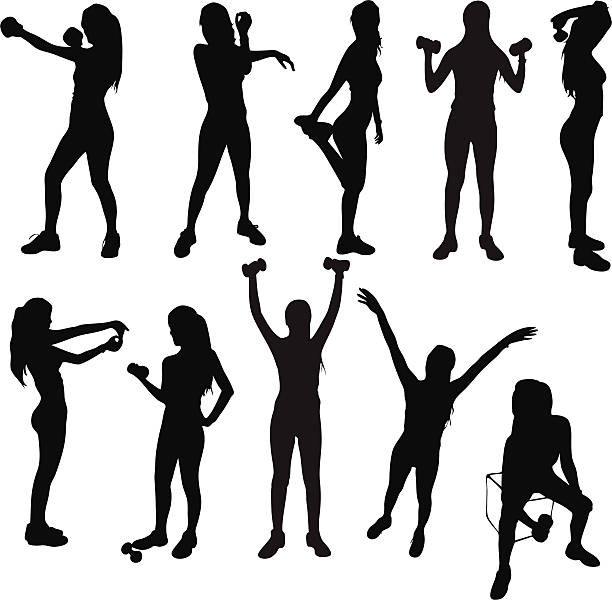 Healthy Exercise Silhouettes EPS 8, AI CS 3 and HI Resolution JPG File (5000px) includeds. dumbbell silhouette stock illustrations