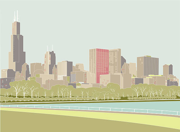 Digital drawing of the Chicago skyline The skyline of the city of Chicago from the perspective of the Adler Planetarium area, showing the lake and park. grant park stock illustrations