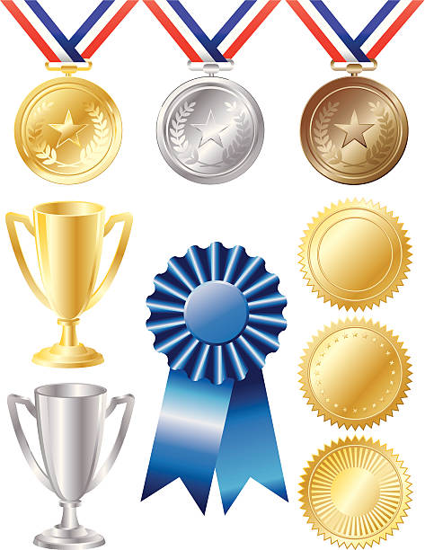 Awards Medals, trophies,a blue ribbon and gold seals for a variety of reward and recognition applications. record breaking stock illustrations