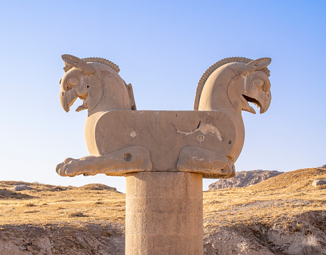 Huma Bird, Griffin-like column capital statuary in Persepolis, Iran