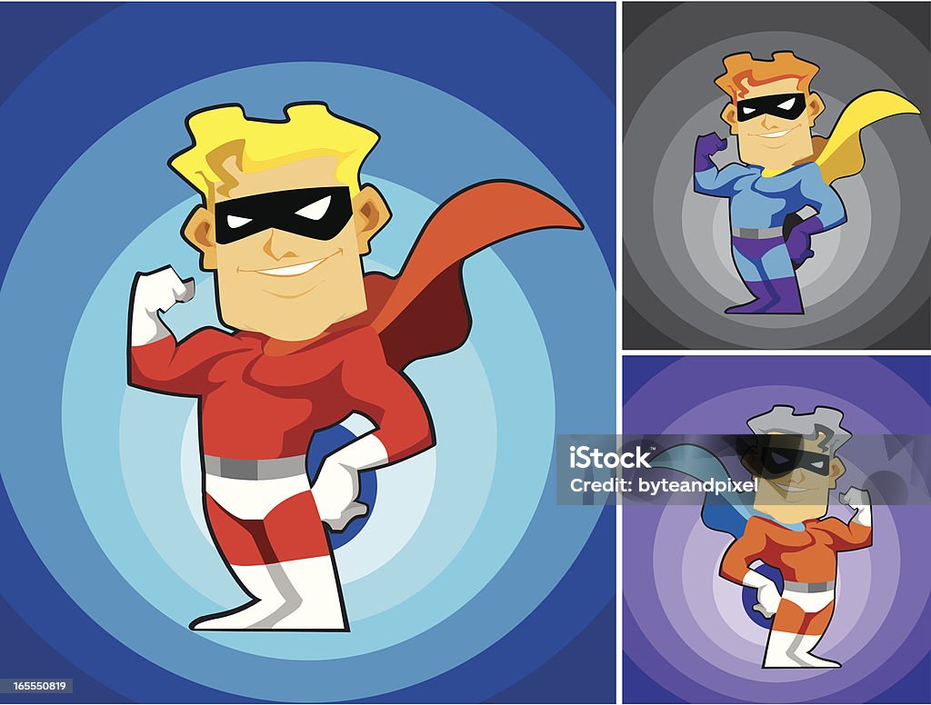 Mini Man Super Hero Small midget super hero with big head showing off muscles in different colored suits and capes. Each character and background are in separate labeled layers for easy editing. Pls check my other heroes collection: Adult stock vector