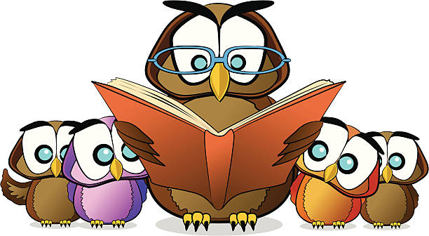 Wise Owl Teaching Reading Cartoon Fully editable vector illustration of a cartoon owl teaching kids to read a book. cartoon of bird with glasses stock illustrations