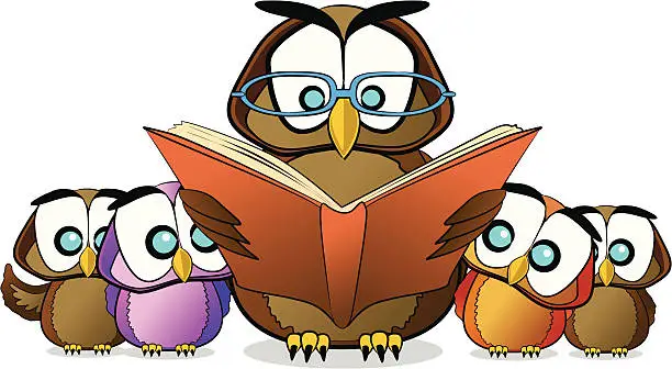 Vector illustration of Wise Owl Teaching Reading Cartoon