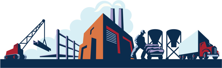 A retro-feel, high contrast vector illustration showing various industries like construction, manufacturing, and trucking. A working man is using a handcart to move bags of cement in front of a background featuring a crane, a construction site, a smoke-billowing factory and a semi.