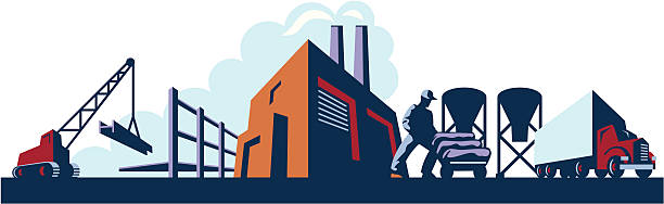 Industrial Horizon A retro-feel, high contrast vector illustration showing various industries like construction, manufacturing, and trucking. A working man is using a handcart to move bags of cement in front of a background featuring a crane, a construction site, a smoke-billowing factory and a semi. factory worker silhouette stock illustrations