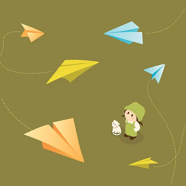 Vector illustration of girl watching paper planes