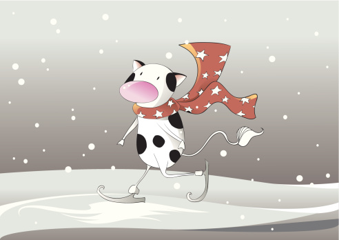 Cute cartoony cow skating...Lines, colors, background and snowflakes are on separate layers.