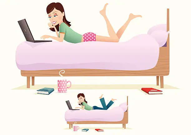 Vector illustration of Woman using computer on bed