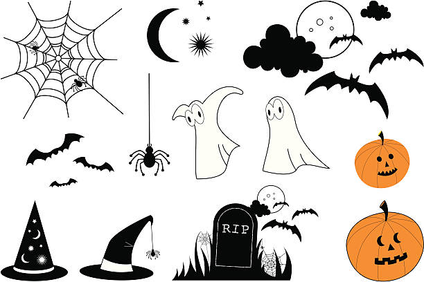 хэллоуин вектор икона set - death fear focus on shadow isolated objects stock illustrations