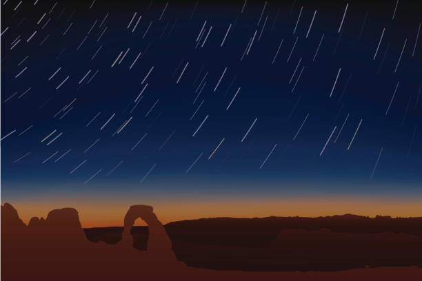 ilustrações, clipart, desenhos animados e ícones de delicate arch com rastros de estrelas - arches national park illustrations