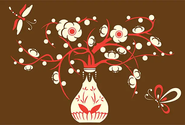 Vector illustration of Dragonfly, Butterfly & Plum Blossom in Vase