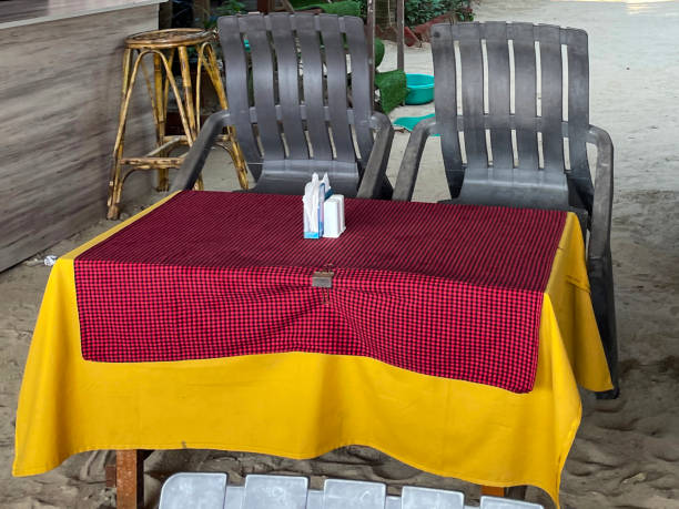 Stock photo showing close-up view of the outdoor seating and tables of a restaurant on Palolem Beach, Goa, South India.