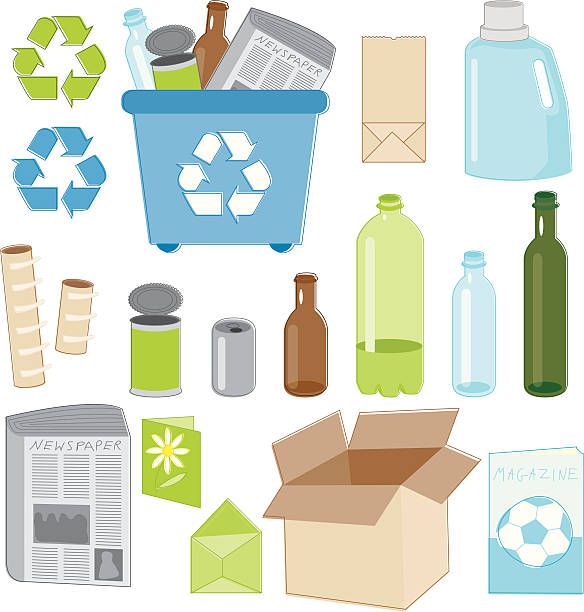 recycling-essentials - recycling newspaper paper bottle stock-grafiken, -clipart, -cartoons und -symbole