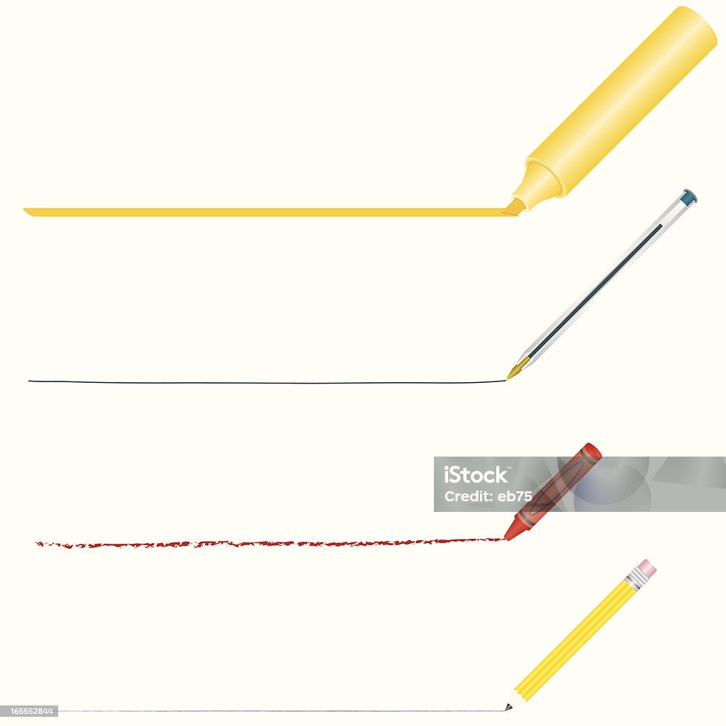 Four lines A felt-tip hi-lighter, a pen, a pencil and a wax crayon drawing straight lines. Single Line stock vector