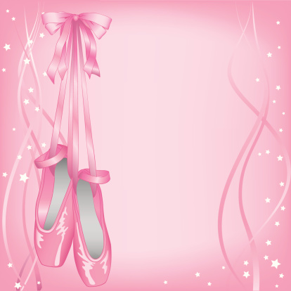 Vector illustration of a hanging pair of pink ballet slippers on a pink ribbon & stars background. Includes ai8.eps & .jpeg file formats.