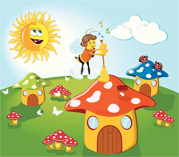 Vector illustration of Cartoon of Happy Bee Sweeping Mushroom Houses During Day