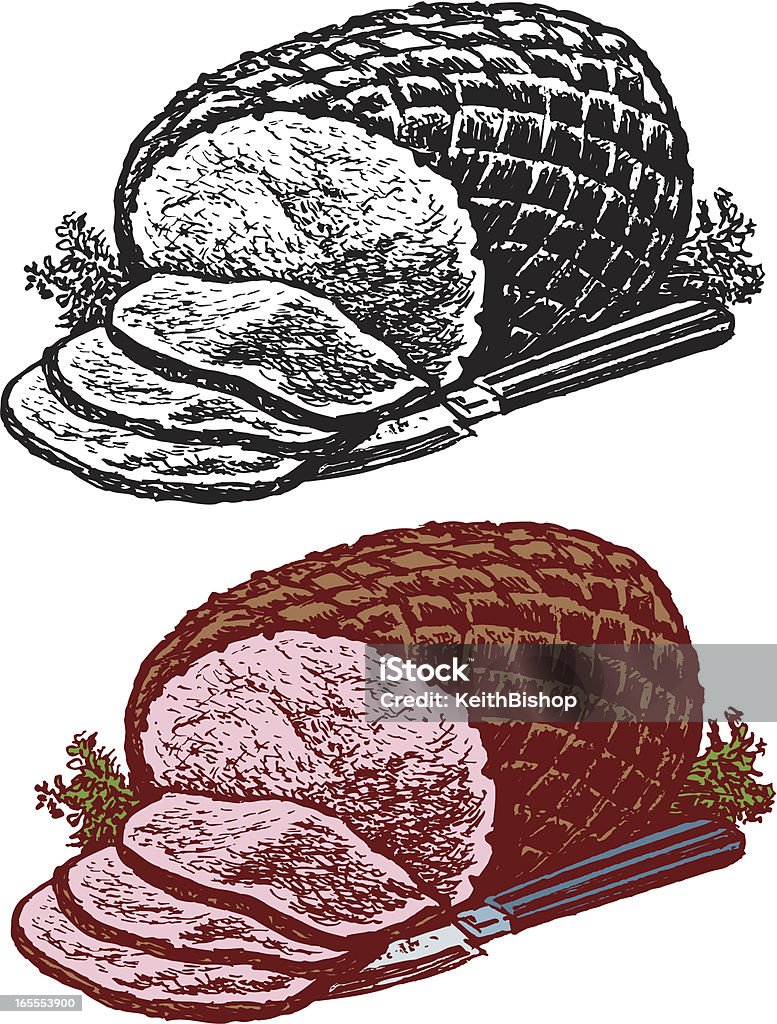 Holiday Ham with Knife - Sliced Holiday Ham. Sliced Holiday Ham with Knife illustration. Pen and ink style. Two layers for easy color edits. Add the human element with artwork. Check out my "Vector Food and Utensils" light box for more. Ham stock vector