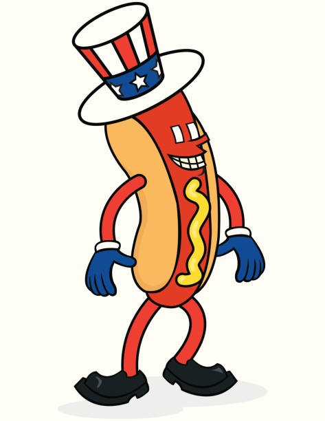 Hot Diggity Dog!  It must be the fourth of July! Cartoon hot dog on an isolated background.  Easy editing.  Plenty of space for text/copy.
