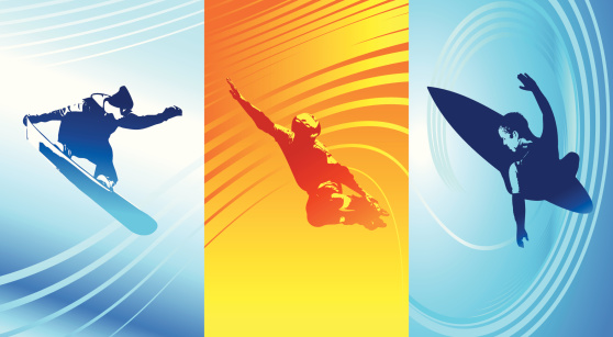Snowboarder, rollerblader and surfer: poster art with continuous streamline backgrounds. Can be used individually or as a seamless tile. 