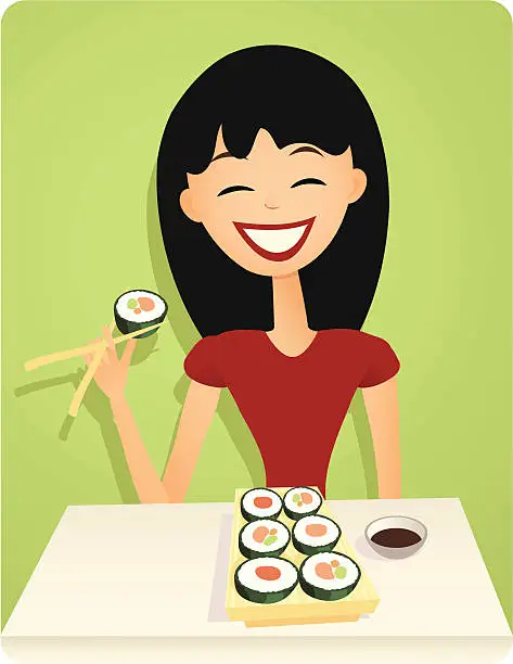Vector illustration of Smiling Girl Enjoying Sushi in Retro Style